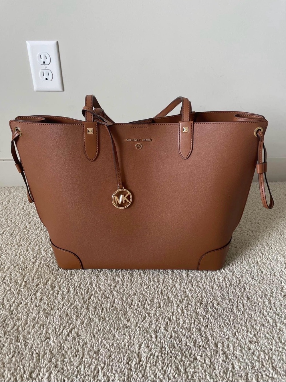 Michael Kors Cognac Leather Saffiano Tote with Gold Charm